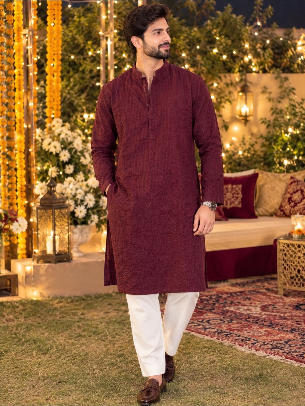 Sapphire Men's Maroon Textured Kurta